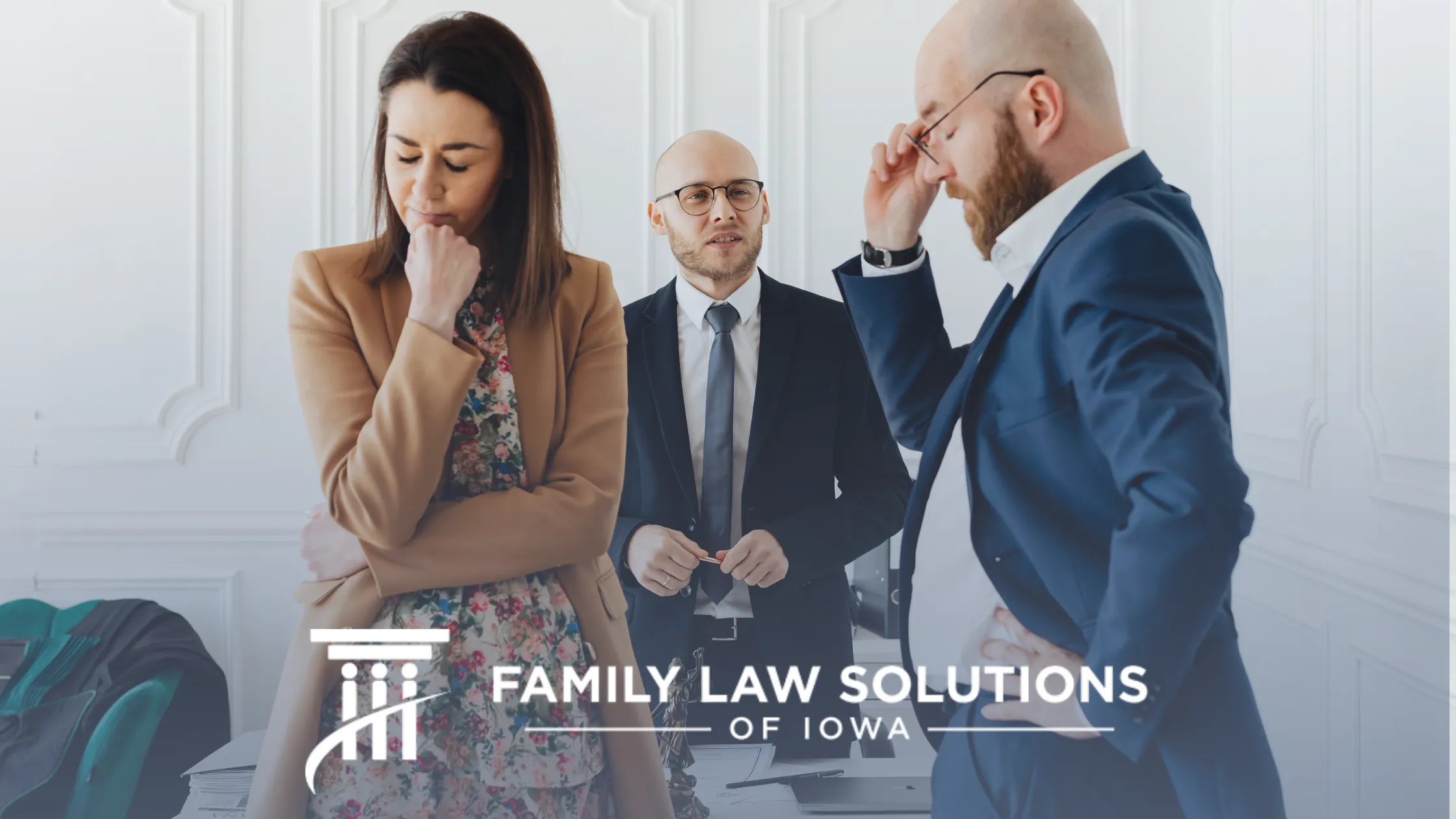 Three professionally dressed individuals in a serious discussion in a bright office, with "Family Law Solutions of Iowa" text.
